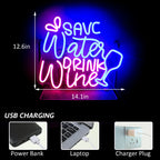 SAVE Water DRINK Wine – Wijnglas en druppels – LED-neonreclame (5 V USB)