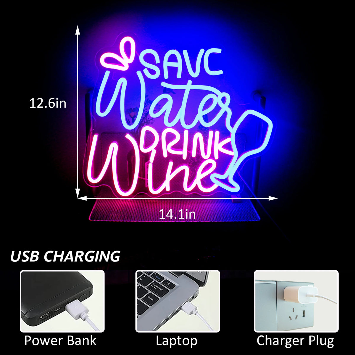 SAVE Water DRINK Wine – Wijnglas en druppels – LED-neonreclame (5 V USB)