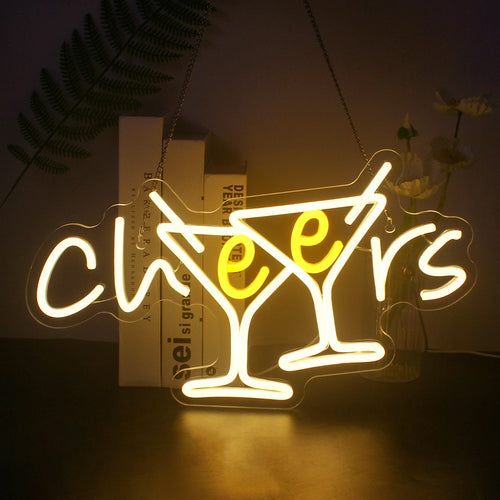 Een levendig LED-neonbord met het woord 'Cheers' in een speels, cursief lettertype.