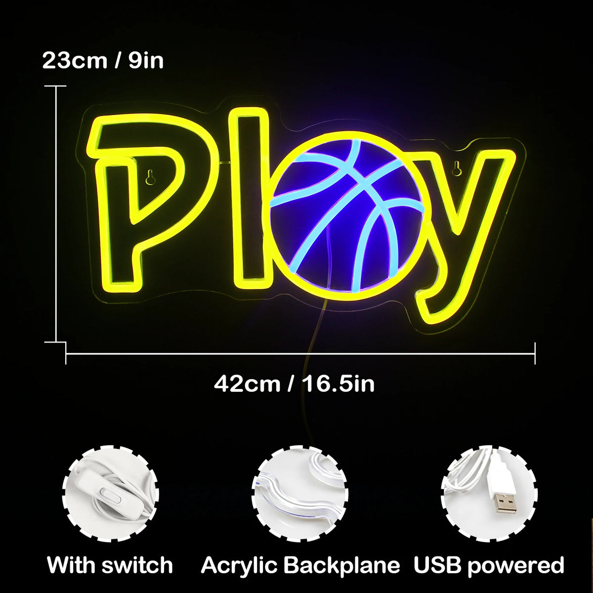 Play – Basketbal in plaats van de A – LED-neonbord (5 V USB)