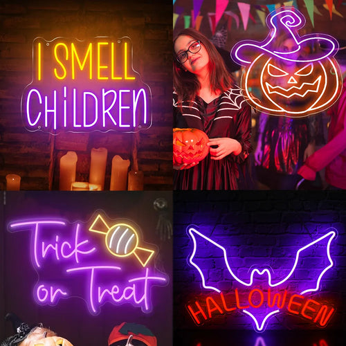 Op de afbeelding is een opvallend led-neonbord te zien met de tekst "Trick or Treat" in speelse, gestileerde letters.