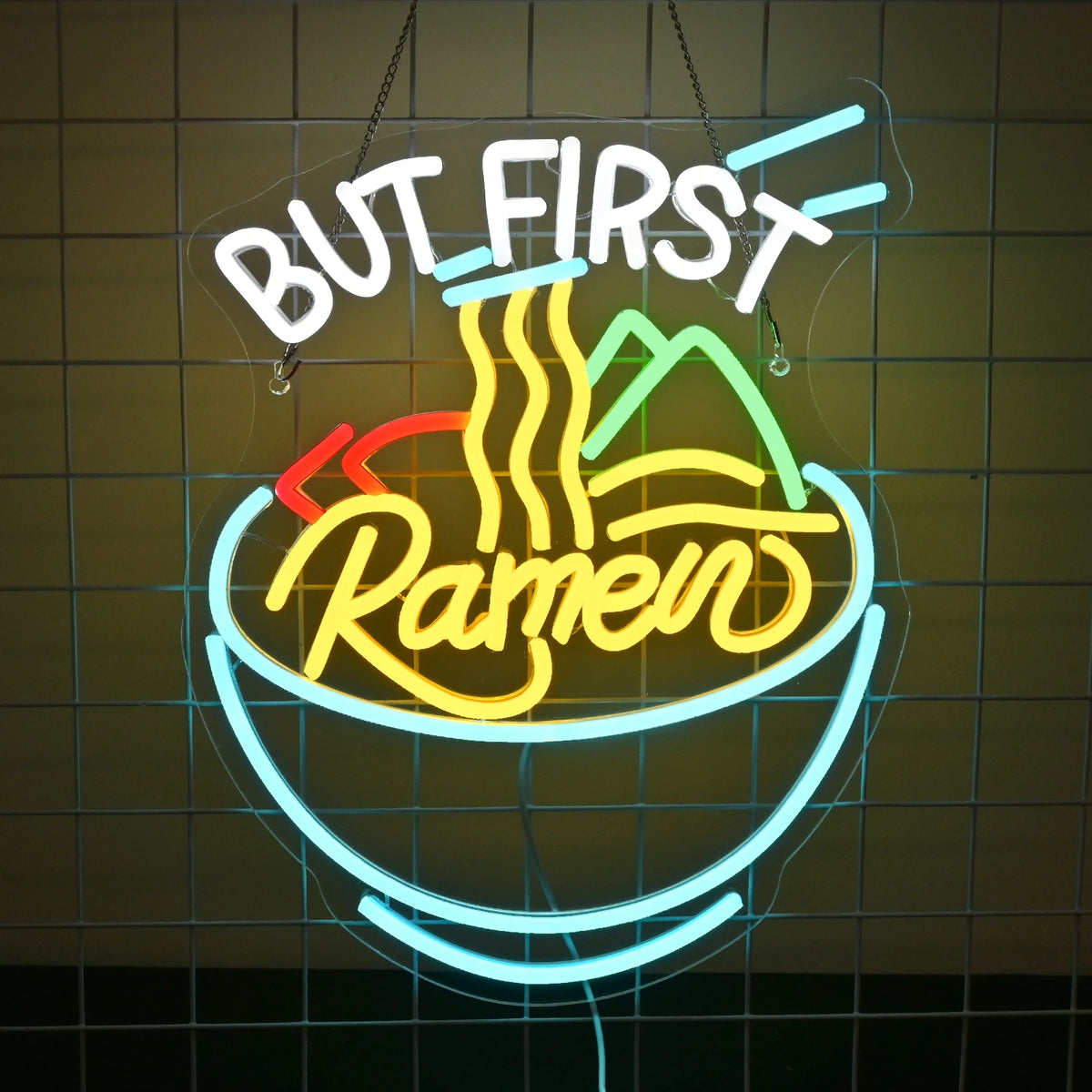 Een levendig LED-neonbord in de vorm van een dampende kom ramen.
