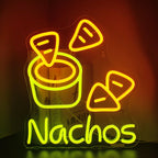 Een levendig LED-neonbord dat lijkt op een bord nachos.
