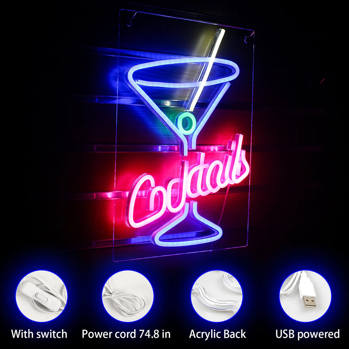 Cocktails – Martiniglas – LED-neonreclame (5 V USB)