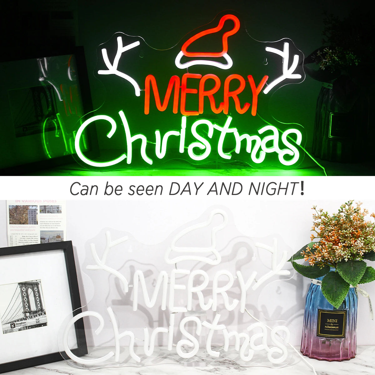 MERRY Christmas – Kerstmuts en gewei – LED-neonbord (5 V USB)