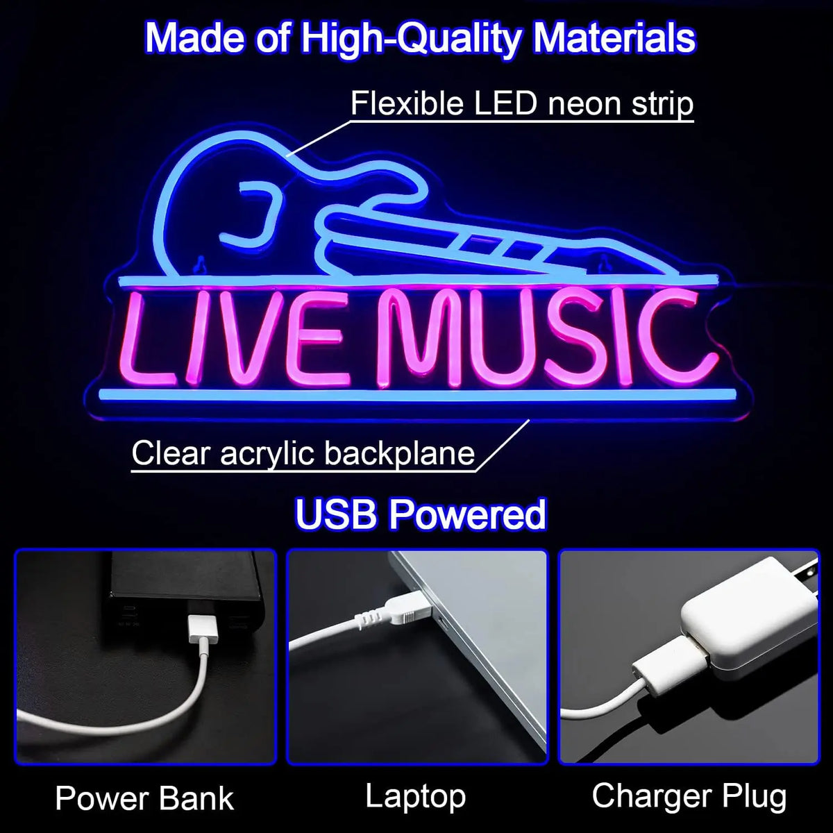 LIVE MUSIC – Gitaar – LED-neonbord (5 V USB)