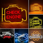 The image displays a vibrant LED neon sign in the shape of a "Check Engine" symbol.
