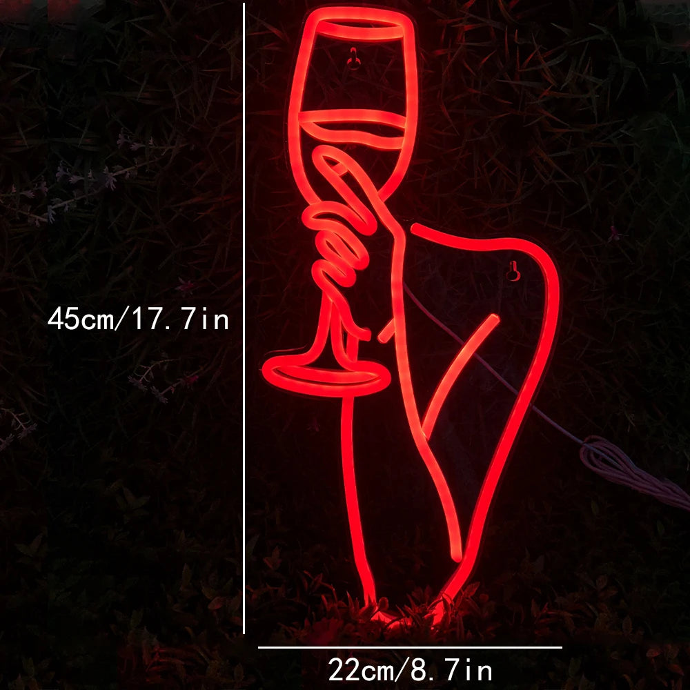 Vrouw en wijnglas – LED-neonreclame (5 V USB)