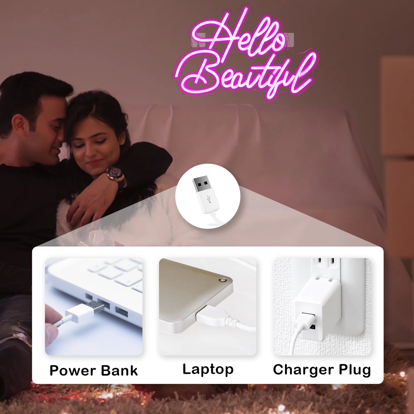 Hello Beautiful 5V USB LED Neon Sign - Budget Friendly