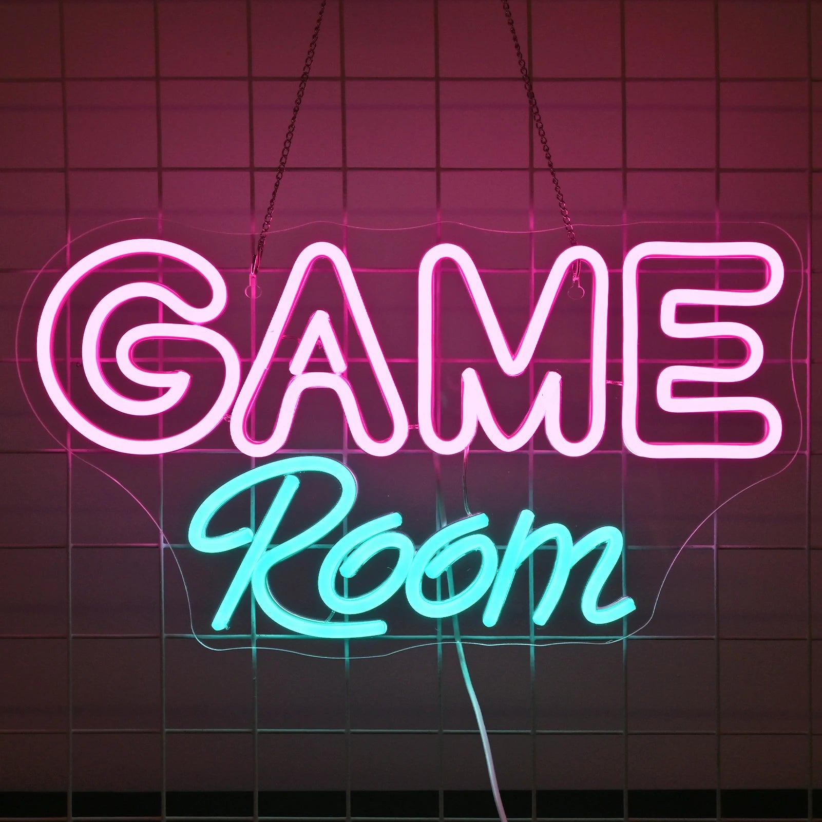 The image features a vibrant "Game Room" LED neon sign.