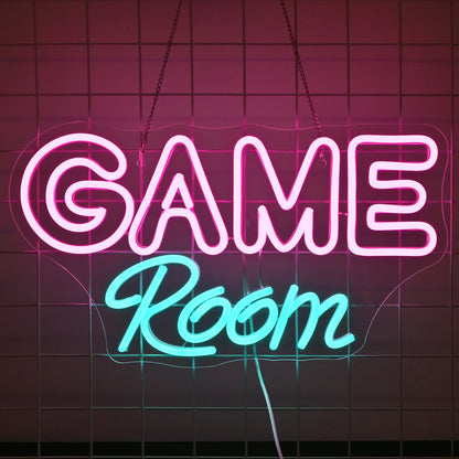 The image features a vibrant "Game Room" LED neon sign.