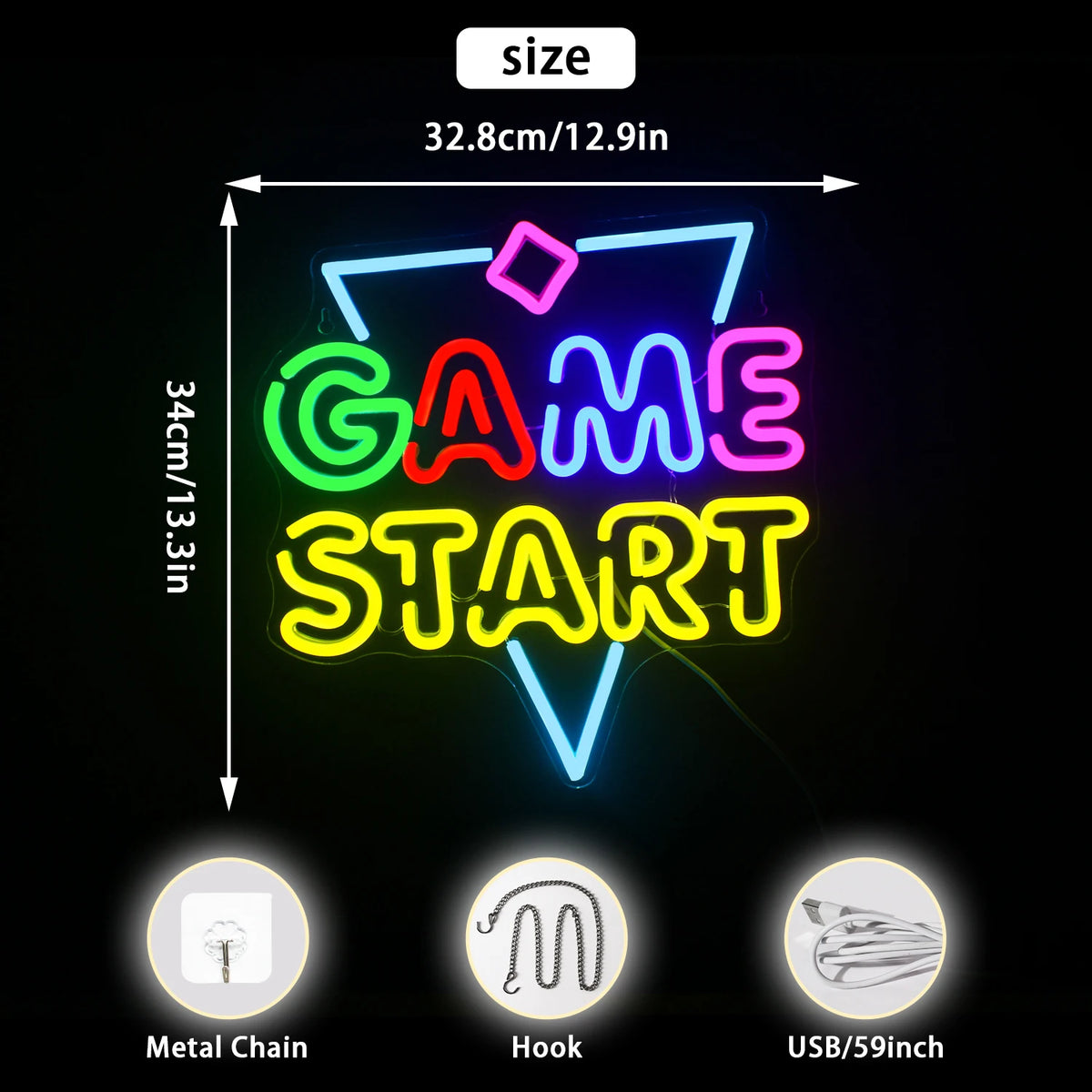 GAME START – Driehoek en kleine ruit – LED-neonbord (5 V USB)