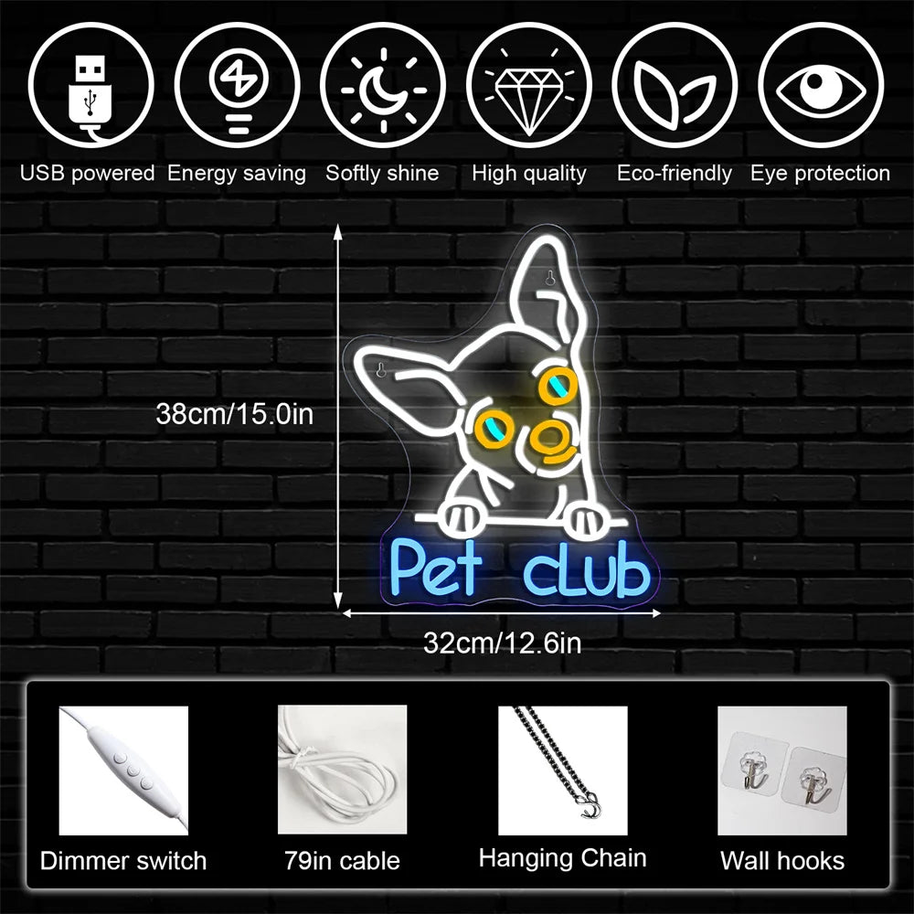 Pet Club – Hondengezicht – LED-neonbord (5 V USB)