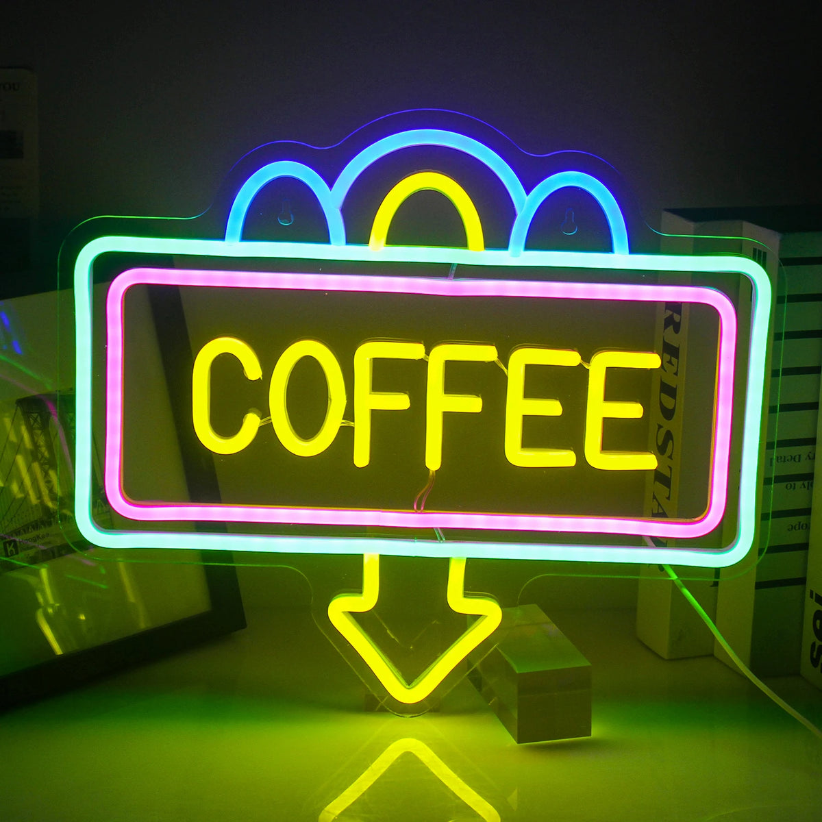 COFFEE – Rechthoekig kader en pijl naar beneden – LED-neonreclame (5 V USB)
