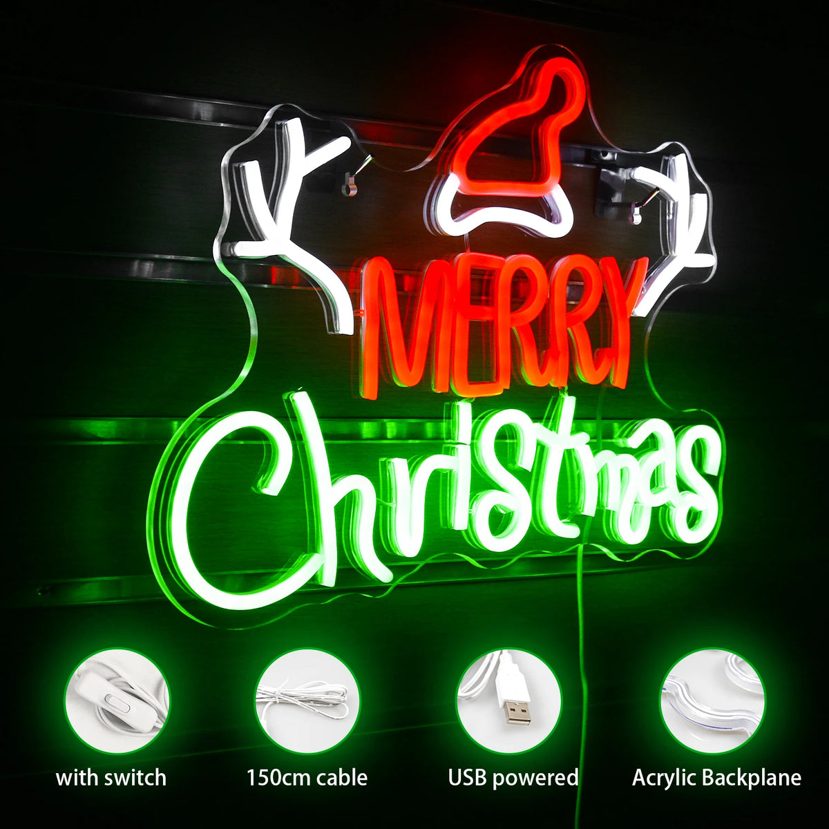 MERRY Christmas – Kerstmuts en gewei – LED-neonbord (5 V USB)
