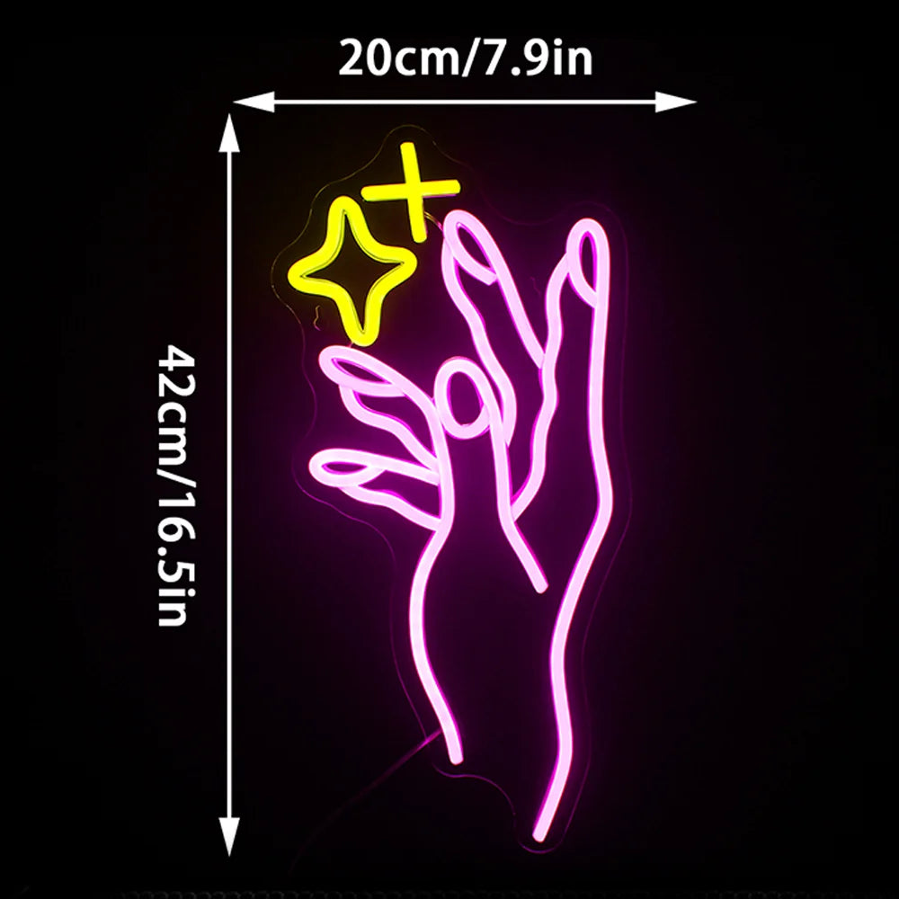 Hand en gele ster – LED-neonbord (5 V USB)