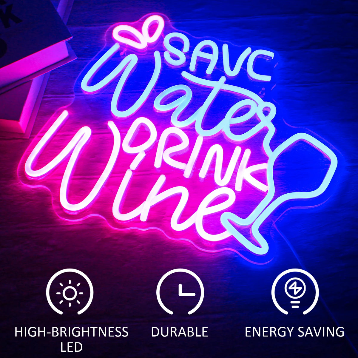 SAVE Water DRINK Wine – Wijnglas en druppels – LED-neonreclame (5 V USB)