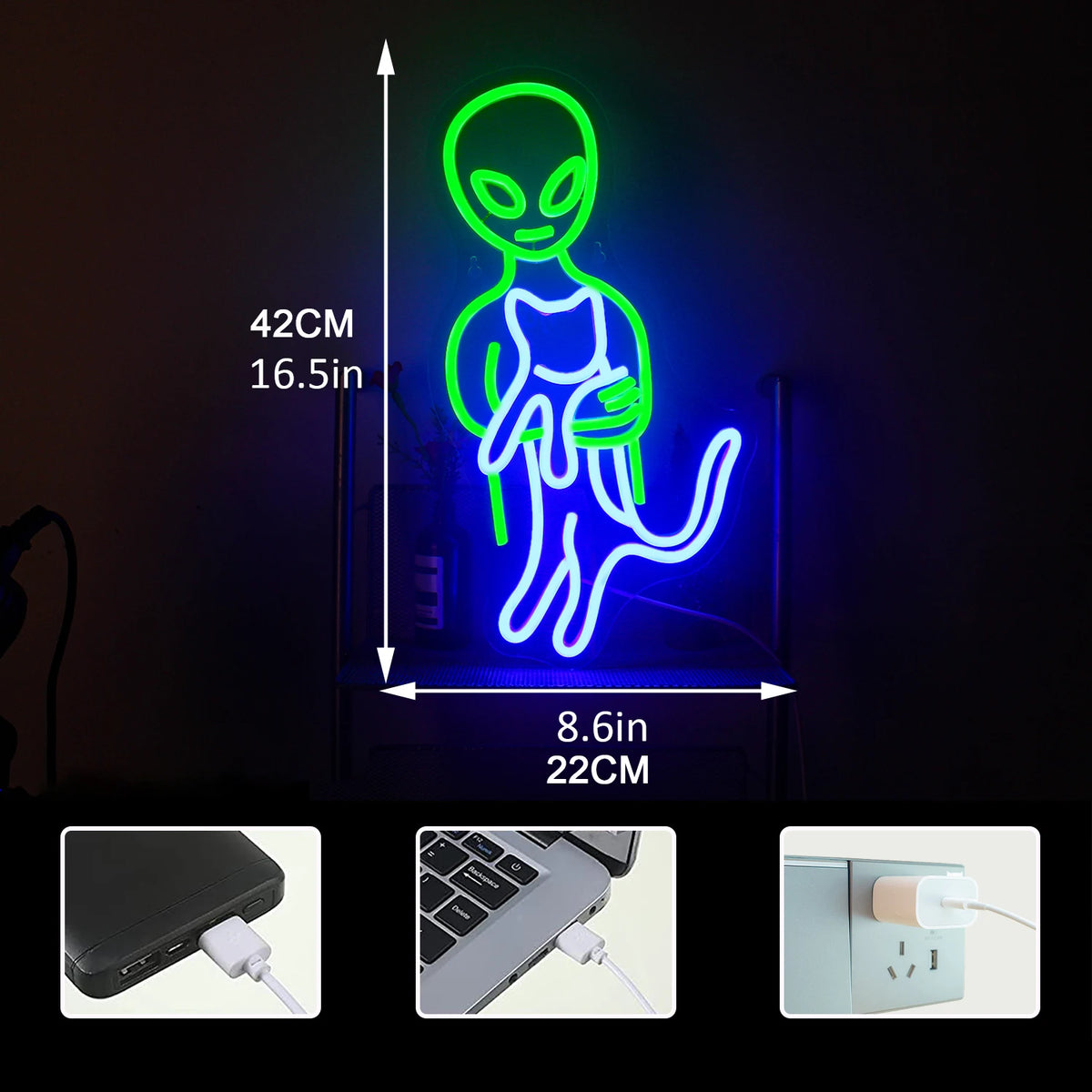 Groene alien – LED-neonbord (5 V USB)