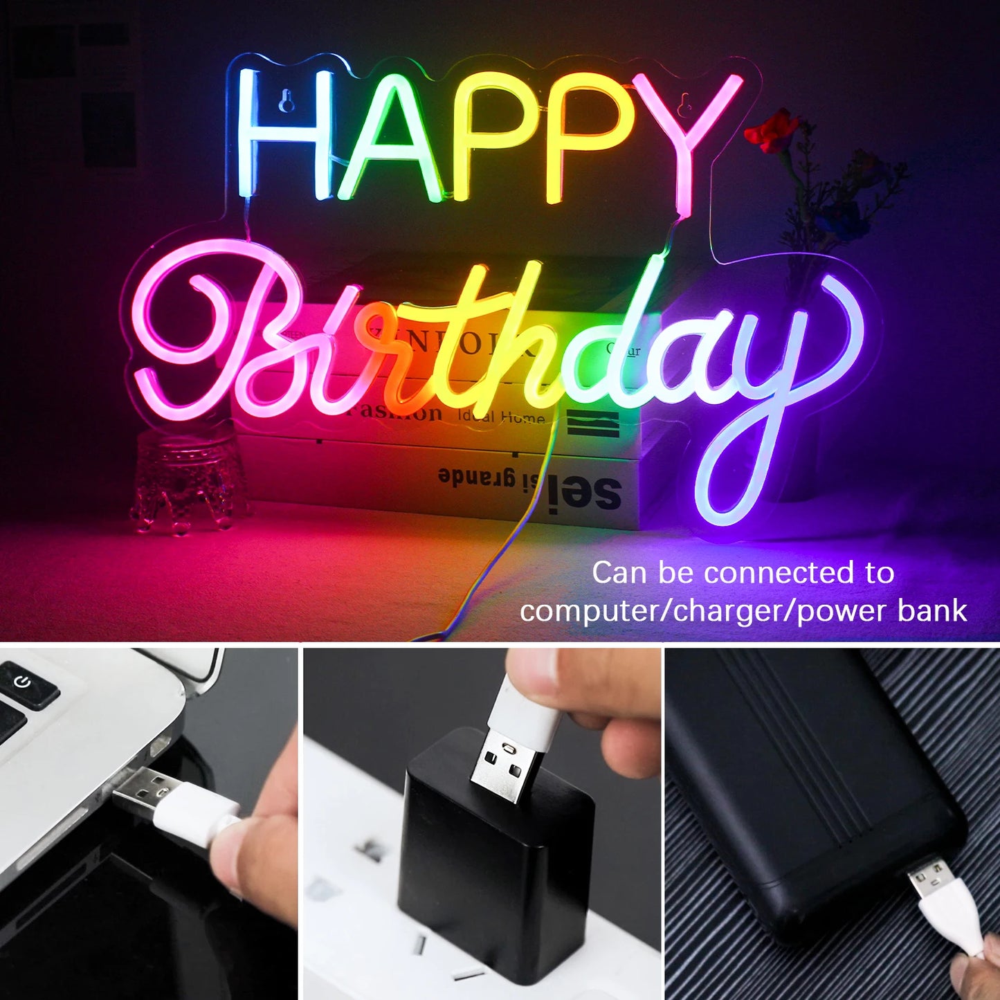 Led Happy Birthday Colour 5V USB LED Neon Sign - Budget Friendly