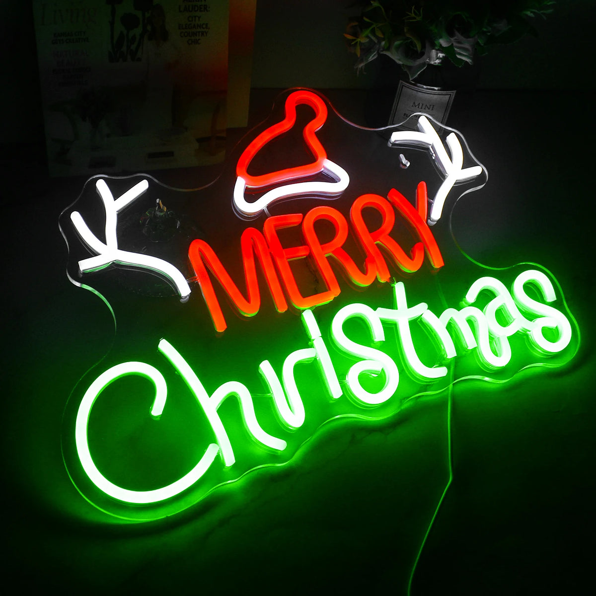 MERRY Christmas – Kerstmuts en gewei – LED-neonbord (5 V USB)