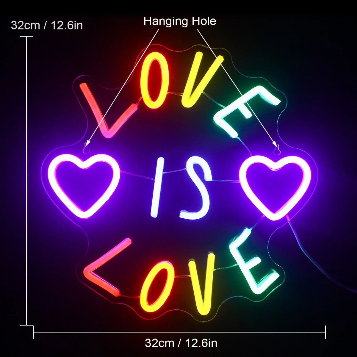 LOVE IS LOVE – Hartjes en kleurrijke letters – LED-neonbord (5 V USB)
