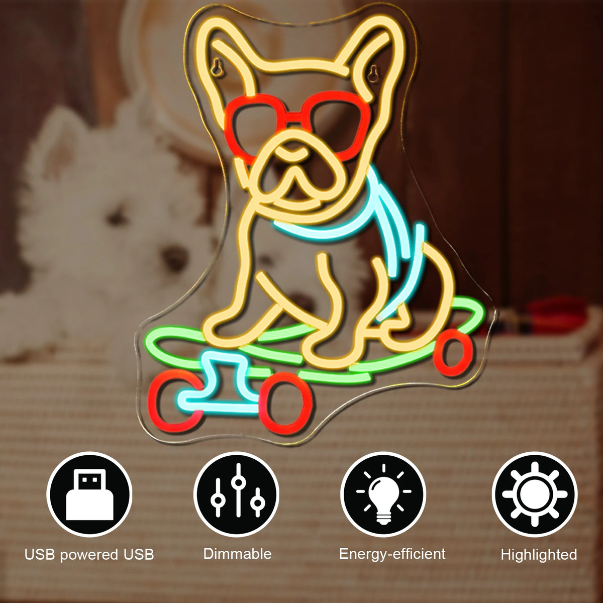 Skateboardende hond – LED-neonbord (5 V USB)