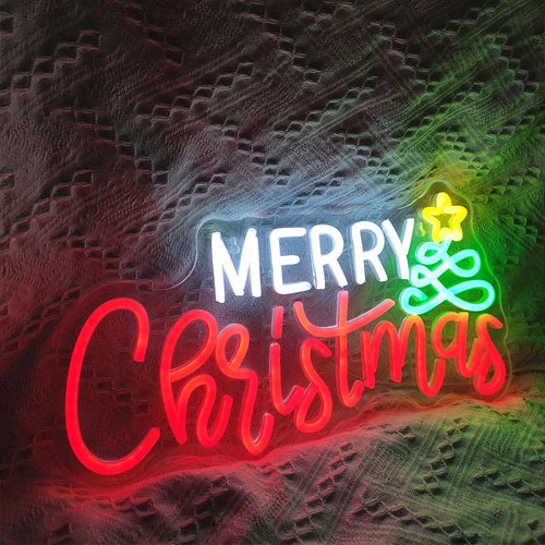 Merry Christmas – Kerstboom en ster – LED-neonbord (5 V USB)