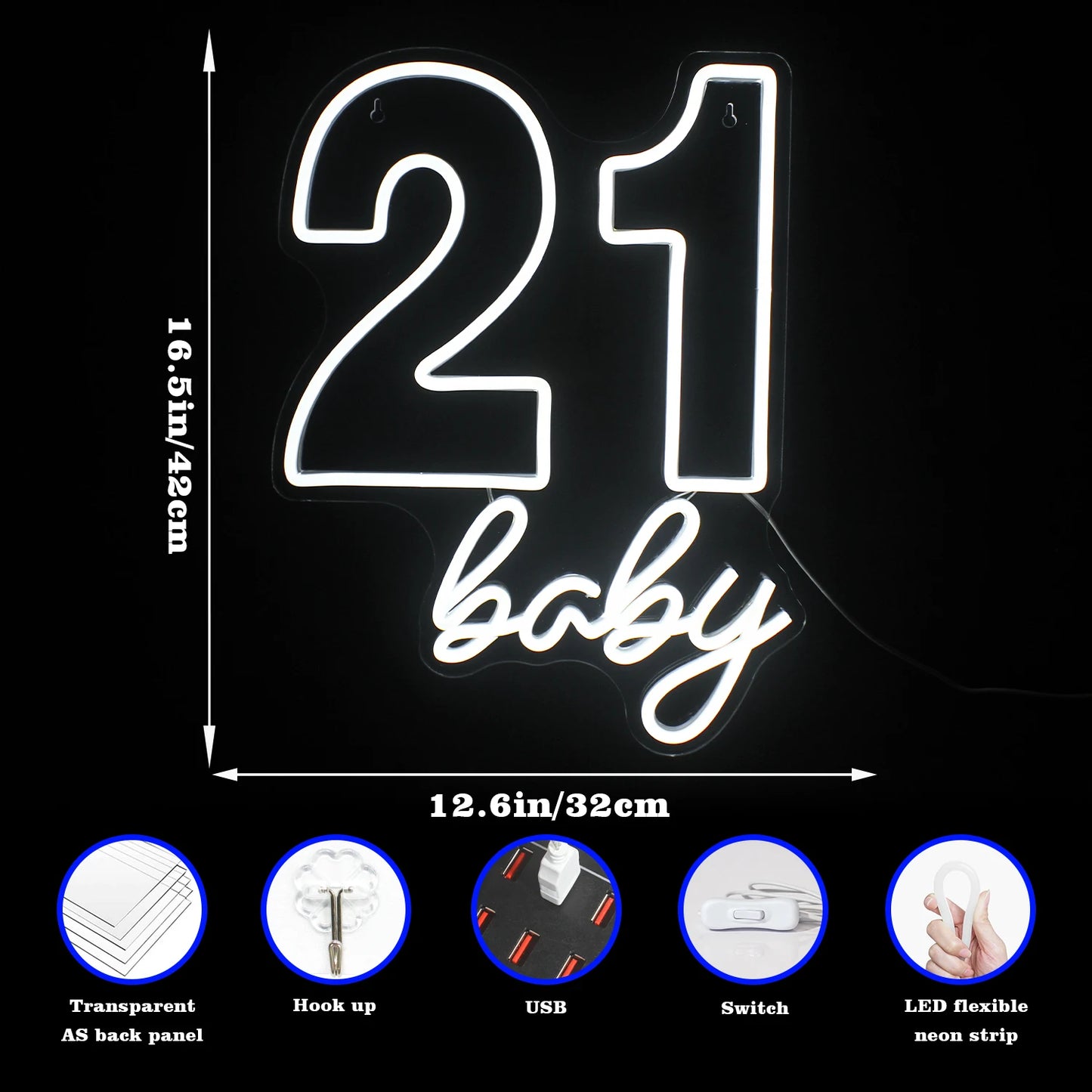 21 baby Happy Birthday 5V USB LED Neon Sign - Budget Friendly