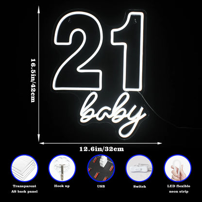 21 baby Happy Birthday 5V USB LED Neon Sign - Budget Friendly