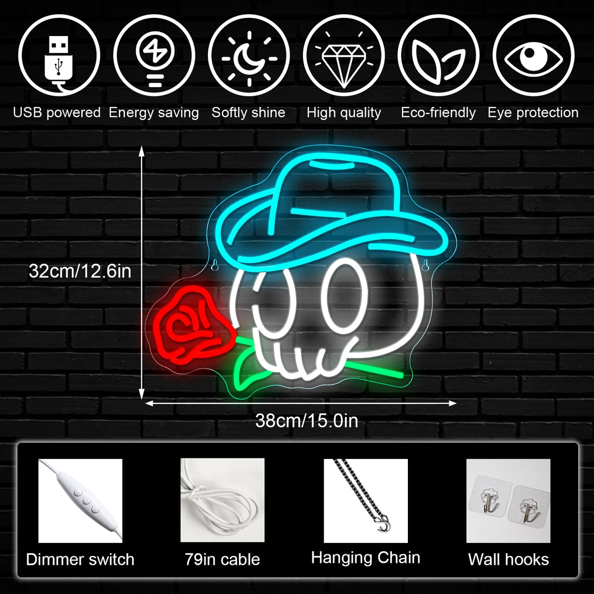 Cowboydoodshoofd en roos – LED-neonbord (5 V USB)