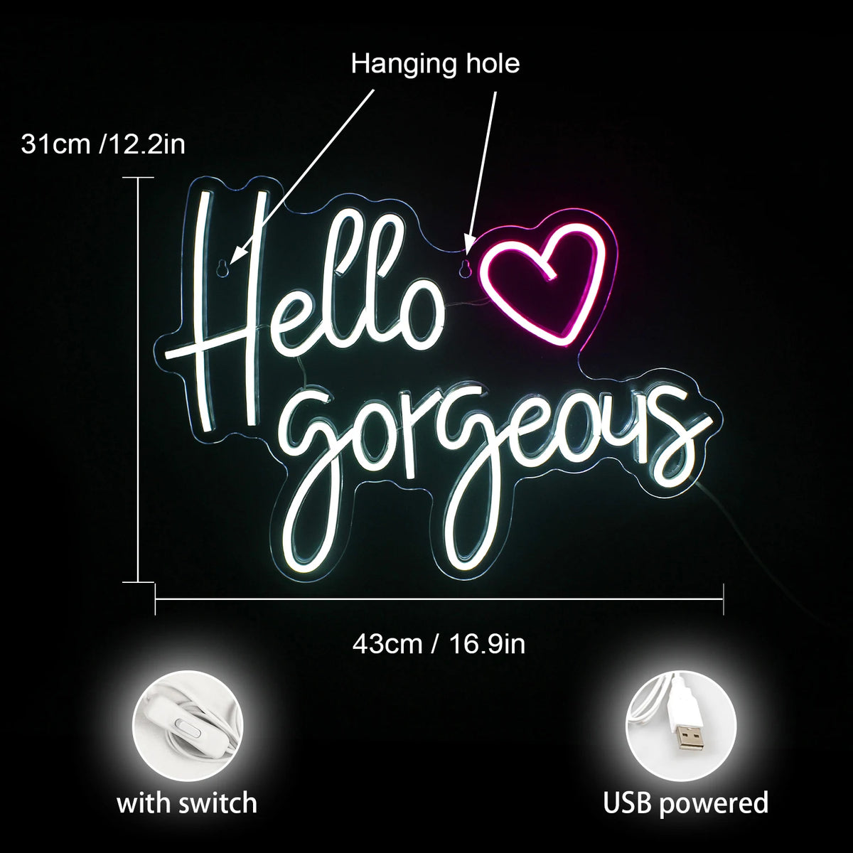 Hello Gorgeous – Hart – LED-neonreclame (5 V USB)