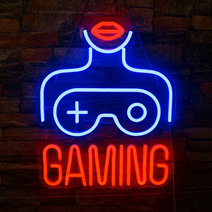 The image depicts a vibrant LED neon sign designed for female gamers.