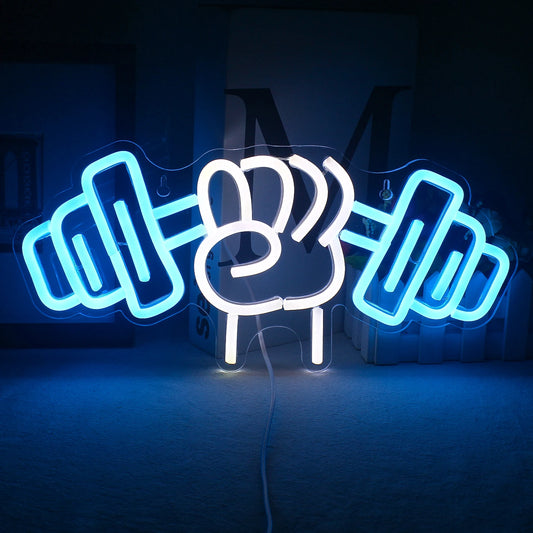 The image features a vibrant LED neon sign designed in the shape of a barbell weightlifting motif.