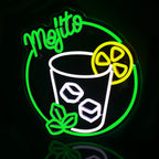 De afbeelding toont een handgemaakt LED-neonbord in de vorm van een klassiek cocktailglas.
