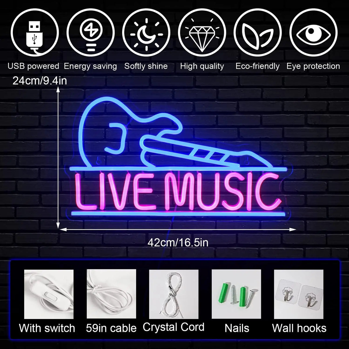 LIVE MUSIC – Gitaar – LED-neonbord (5 V USB)