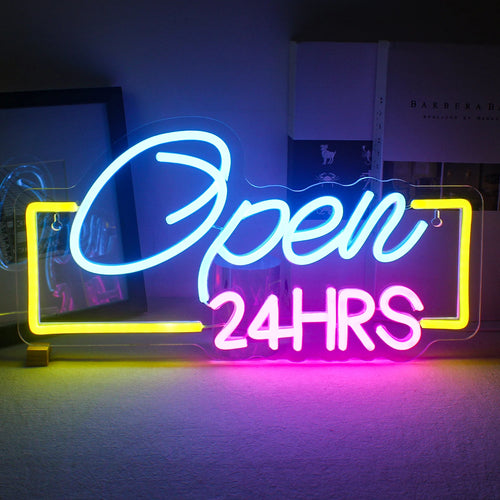 Op de afbeelding is een levendig LED-neonbord te zien in de vorm van de tekst '24HRS Open'.