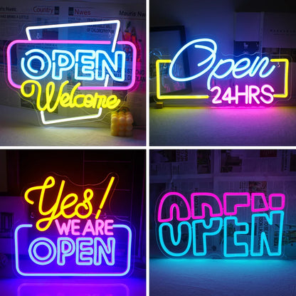 A vibrant, handmade LED neon sign spelling out the word "Welcome" in a lively cursive font.