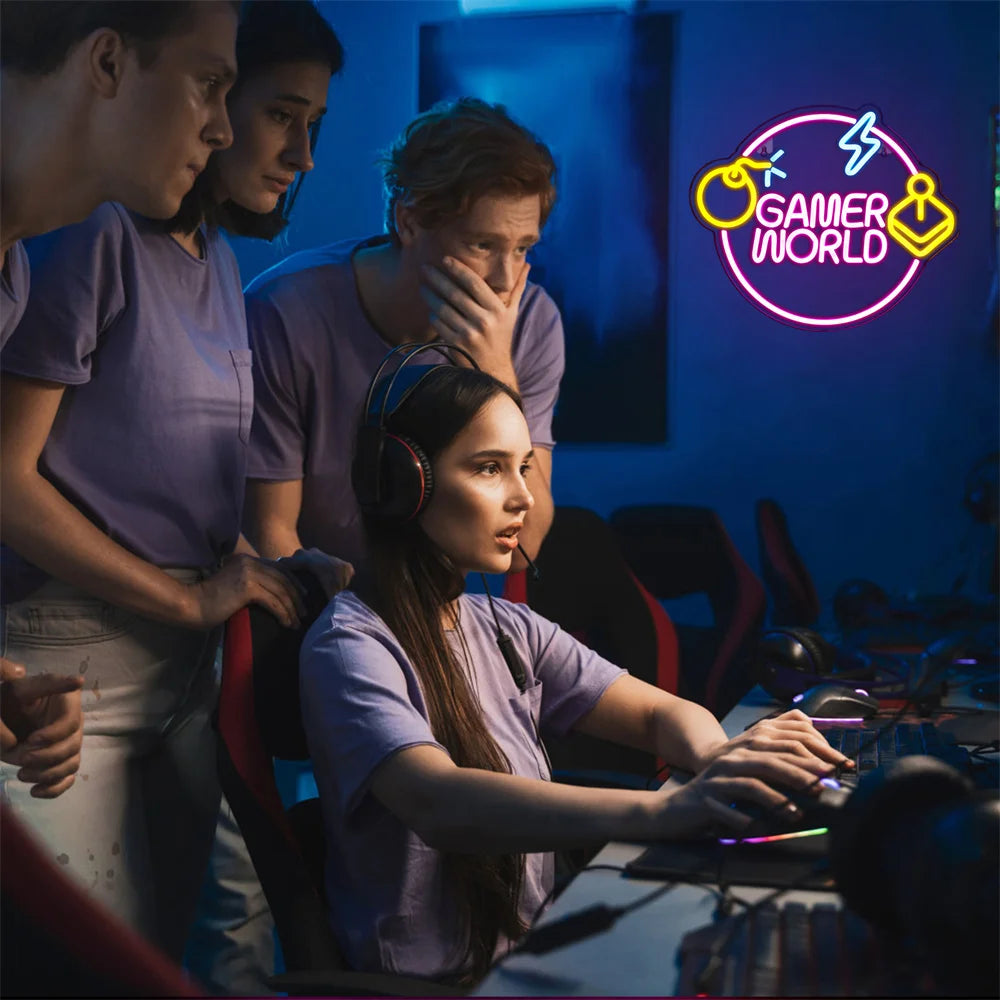 GAMER WORLD – Bom, joystick en cirkel met bliksems – LED-neonbord (5 V USB)