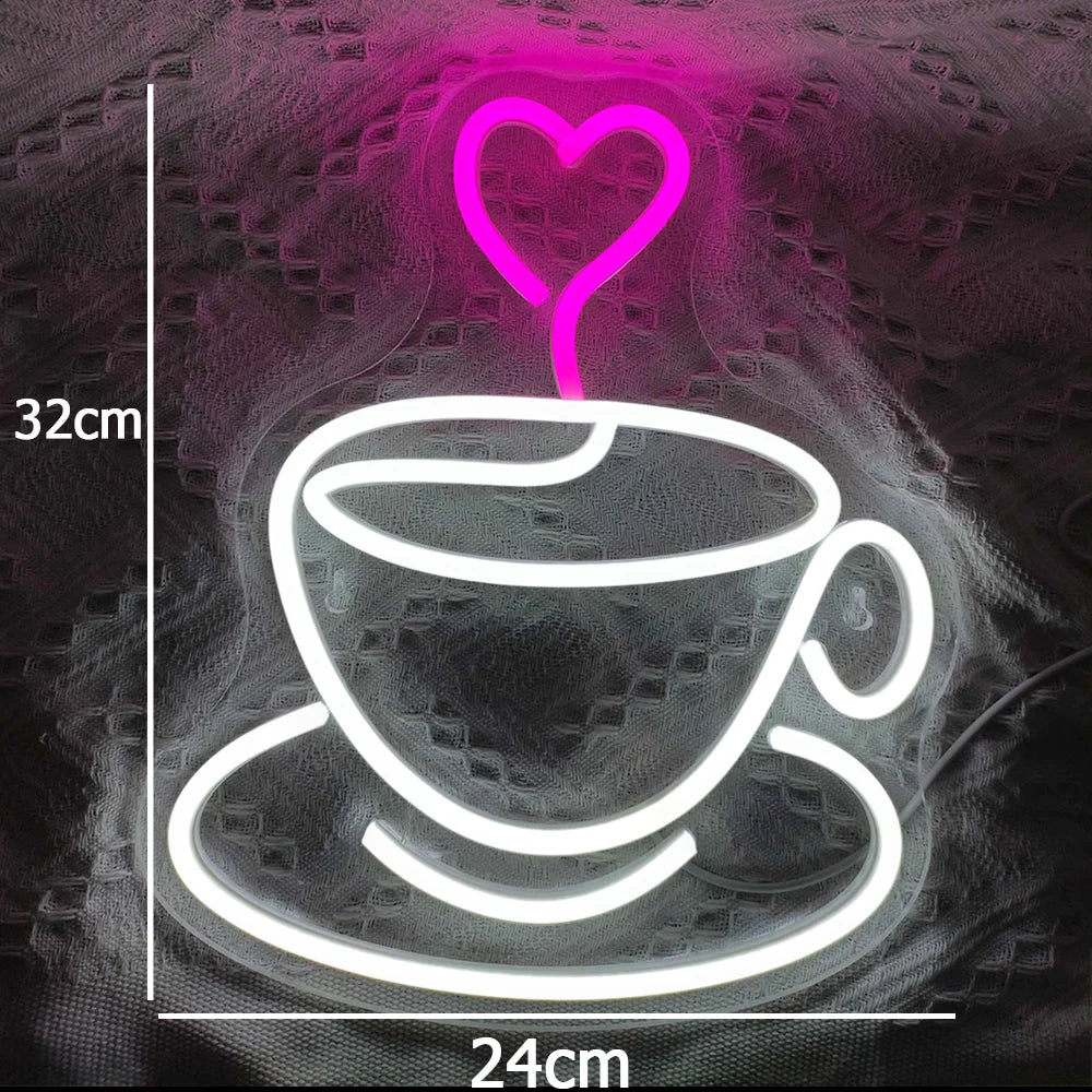 Koffiekop en hart – LED-neonreclame (5 V USB)