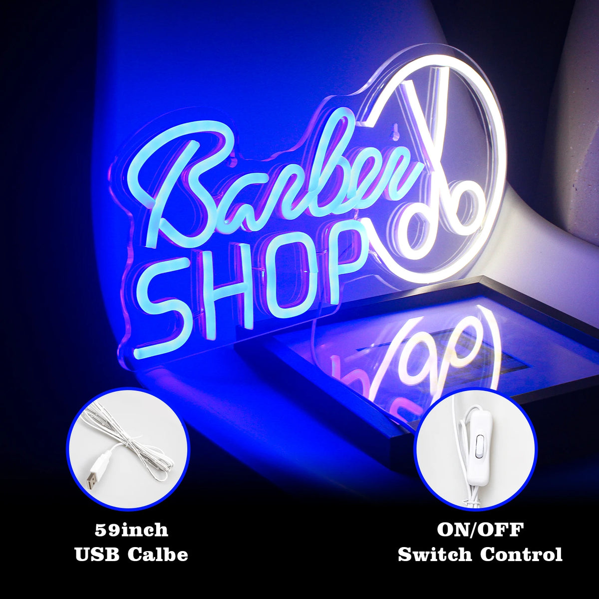 Barber SHOP – Schaar in een ronde omtrek – LED-neonreclame (5 V USB)