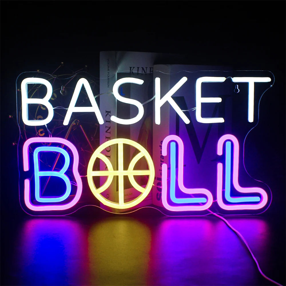 Een levendig en opvallend LED-neonbord in de vorm van een basketbal.