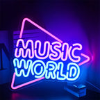 The image features a vibrant, handmade LED neon sign displaying the phrase "Music World.