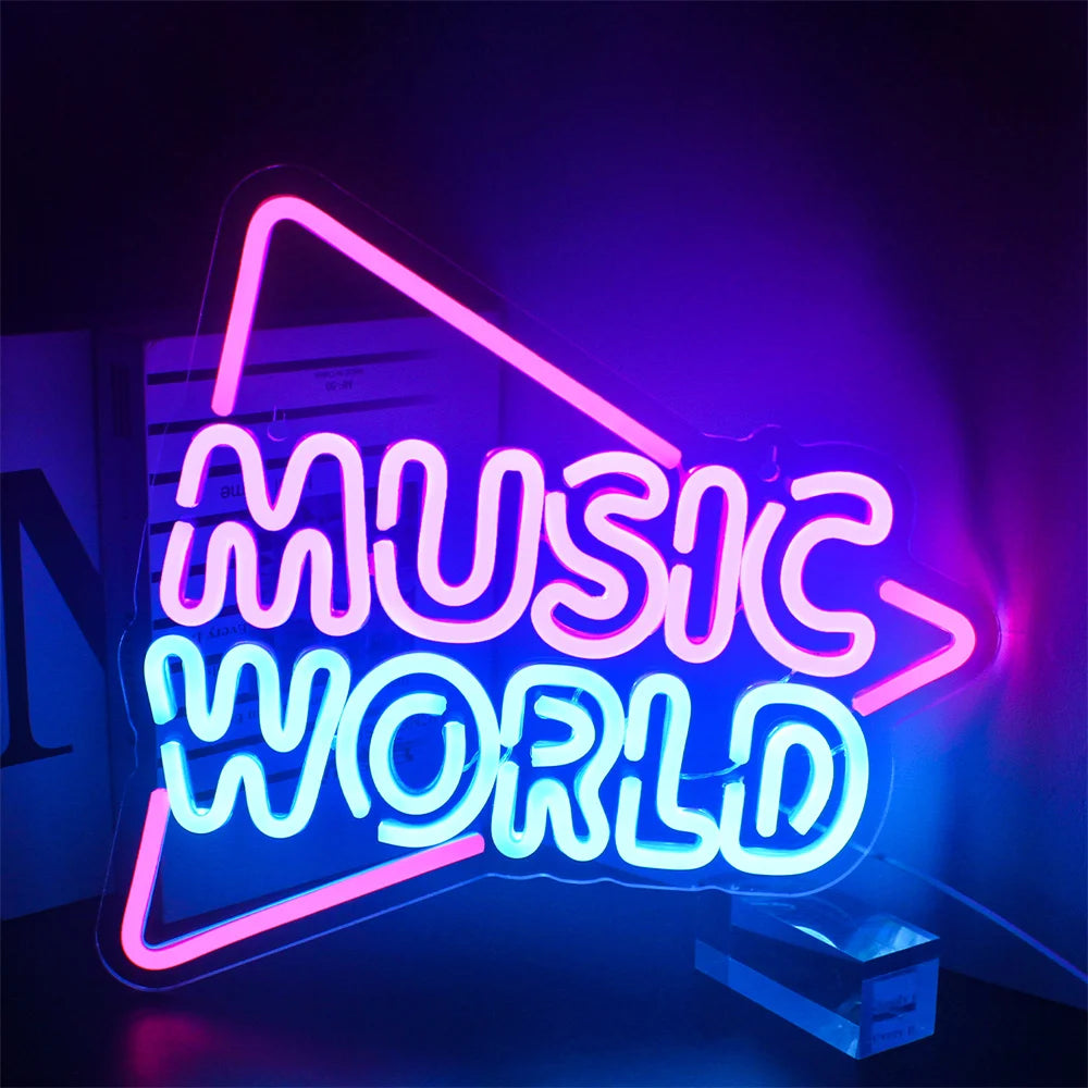 The image features a vibrant, handmade LED neon sign displaying the phrase "Music World.