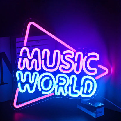 The image features a vibrant, handmade LED neon sign displaying the phrase "Music World.