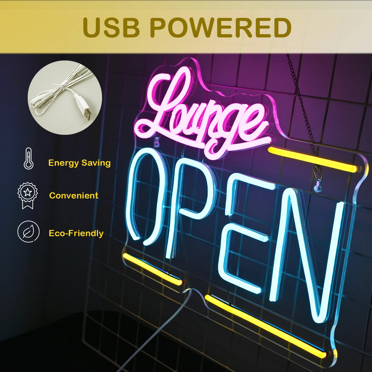 Lounge Open – LED-neonreclame (5 V USB)