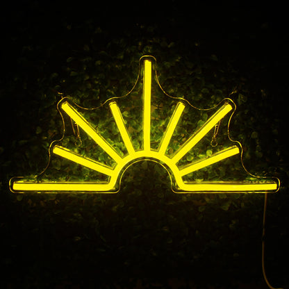 A vibrant Sun LED neon sign featuring a bright yellow sun with radiating beams surrounded by a warm glow.