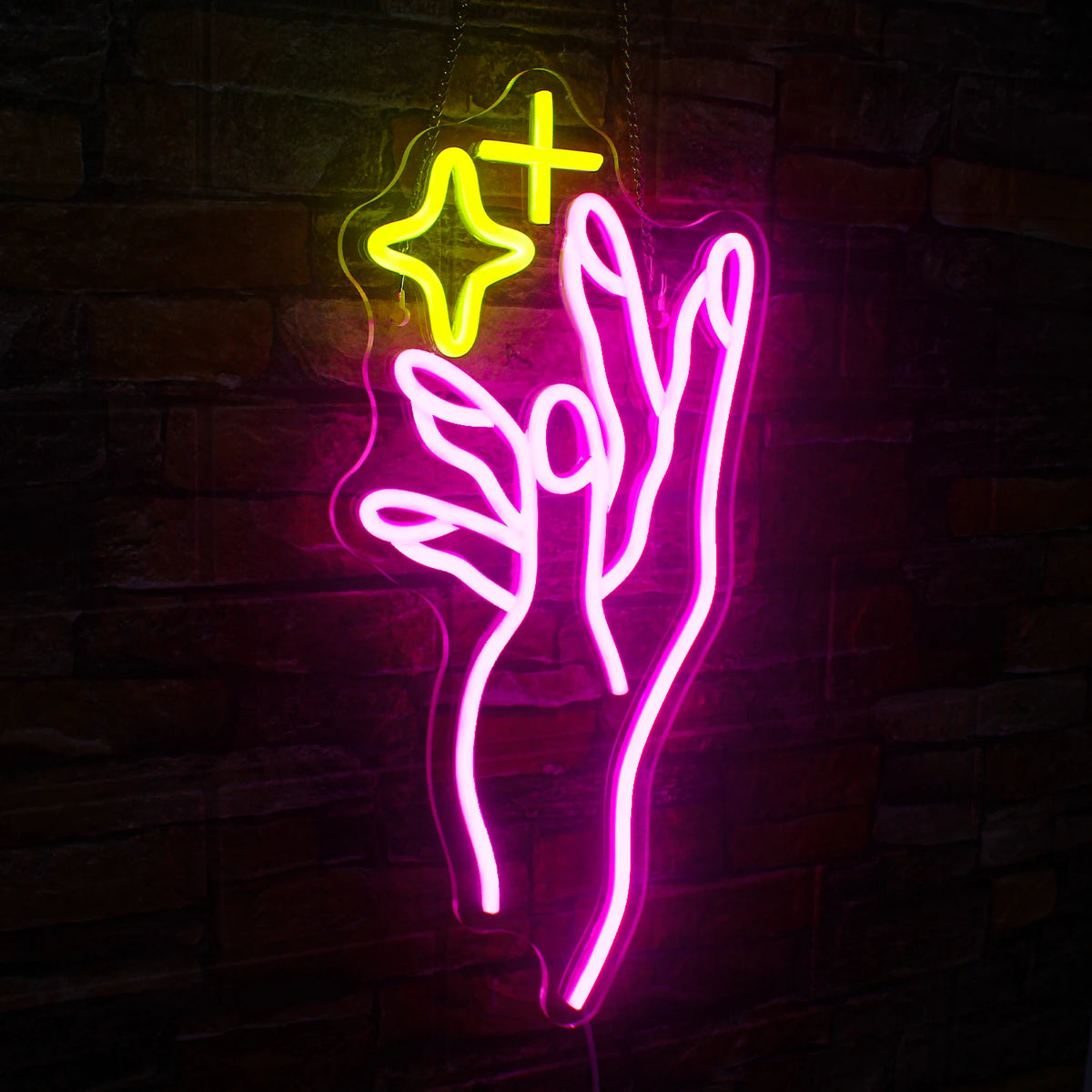 Hand en gele ster – LED-neonbord (5 V USB)