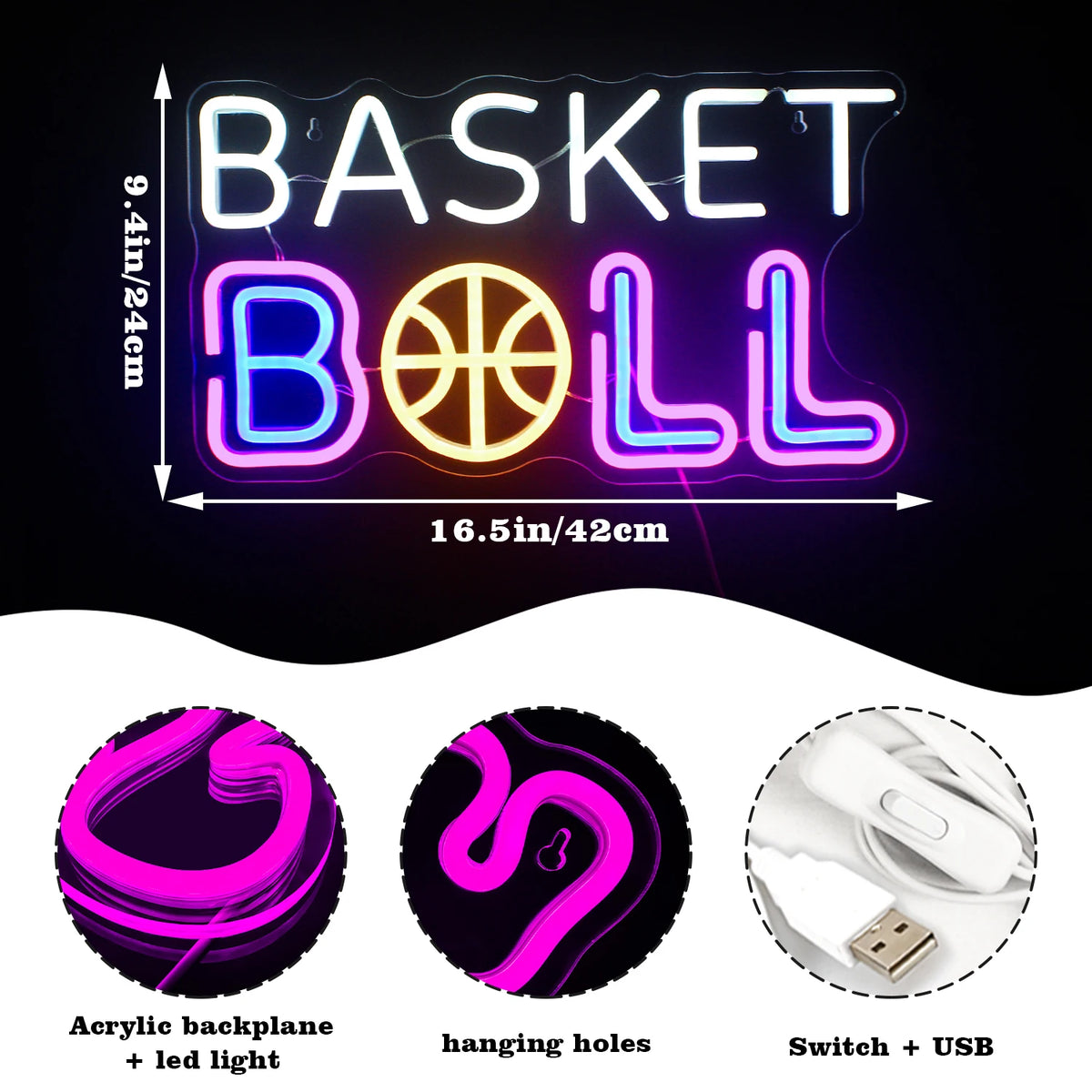 BASKET BALL – Basketbal in plaats van de A in BALL – LED-neonbord (5 V USB)