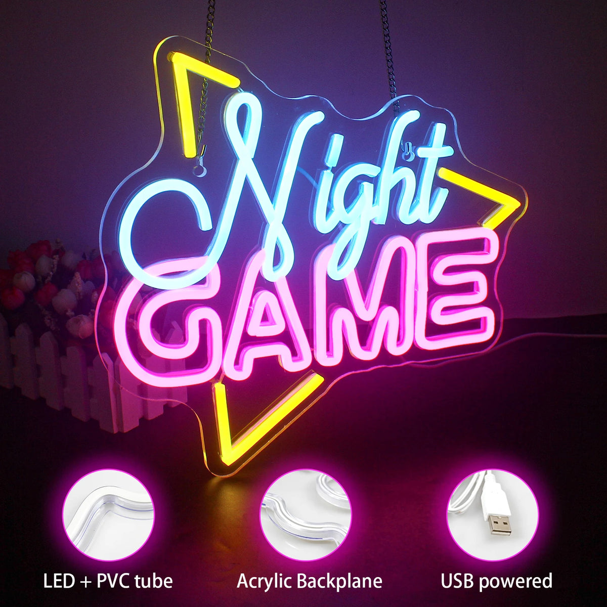 Night GAME – Driehoekig kader – LED-neonbord (5 V USB)