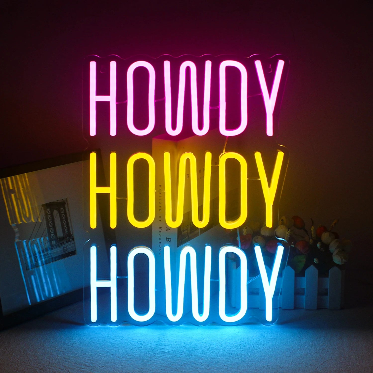 A vibrant, handmade LED neon sign displaying the word "Howdy" in a playful, cursive font.